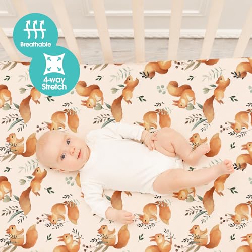 Image of BROLEX Baby Fitted Crib Sheets: Kid Crib Sheets - Set of 2 for Toddler Standard Size Crib Mattress for Boys and Girls - Jersey Knit Crib Bed Sheets Squirrel&Foliage