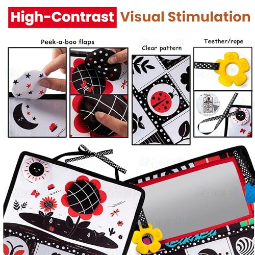 Image of Kidology Baby Mirror Book Toy | Infant Sensory Development with Soft Silicone Teether Tummy Time with High Contrast Black & White Cards ,Flaps & Foldable Design | New Born Gifts for 0-24 Months