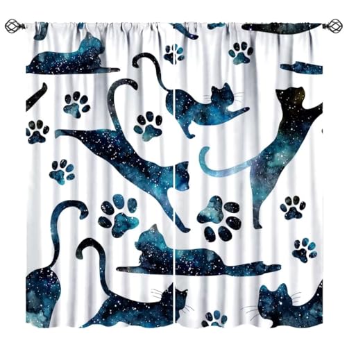 JanJCurt Abstract Cat Curtains, Watercolor Starry Sky Cats Drapes Cute Kitten Paw Dark Blue Galaxy Window Treatments for Boys Girls Kids Bedroom Living Room 42x54 Inch