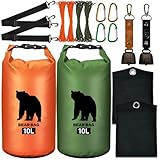 2 Pcs 10L Waterproof Bear Bags with 4 Nylon Ropes, 4 Clips & 2 Rock Pockets & 2 Small Warning Bells for Hanging Food securely. Ultralight Camping Food Bag System.(Orange+Green，10L)