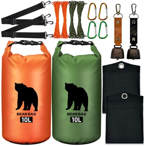 2 Pcs 10L Waterproof Bear Bags with 4 Nylon Ropes, 4 Clips & 2 Rock Pockets & 2 Small Warning Bells for Hanging Food securely. Ultralight Camping Food Bag System.(Orange+Green，10L)