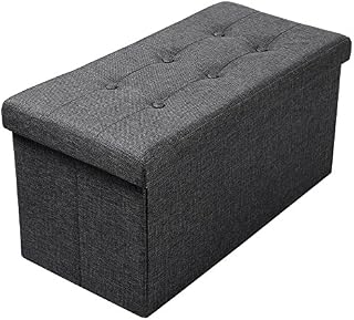 WOLTU Foldable Storage Ottoman Chair Stool Grey Upholstered Footstool Linen Dressing Table Stool Pouf Couch Stool Removable Cover, 76x37.5x38cm