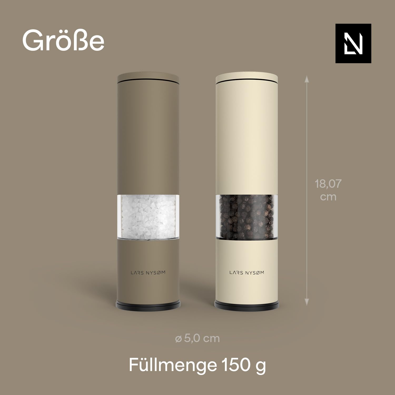 LARS NYSØM Salz und Pfeffermühle Set Manuell mit einstellbarem Keramikmahlwerk I Edelstahl Pfeffermühle und Salzmühle I Design Gewürzmühlen Set (2 Stück)