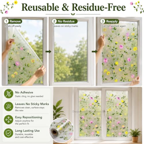 Image of Self Adhesive Window Privacy Film for Glass Windows & Doors | UV Blocking, Heat & Glare Reduction | Decorative Frosted Glass Film Easy to Apply (Frosted White with Yellow, 24X110 Inch)