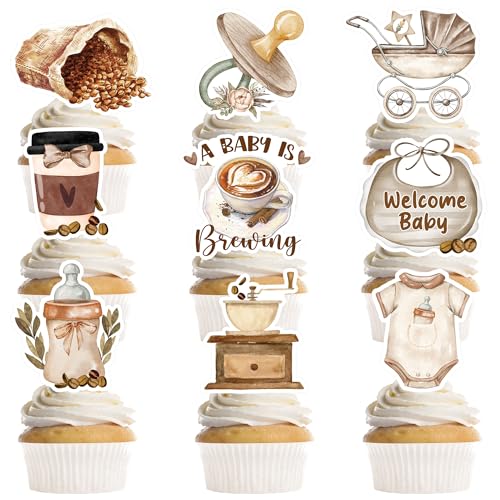 MOIZYNG A Baby is Brewing Baby Shower Decorations, 36PCS Coffee Themed Baby Shower Cupcake Toppers, Welcome Baby Cake Decorations for Gender Reveal Party Favors Supplies
