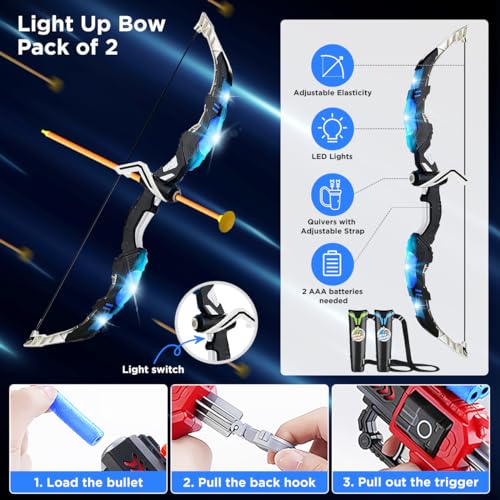 Vatos 2 Pack Bow And Arrow Toy For 5 6 7 8 9 10 11 Year Old Boys Girls, Light Up Archery Toy With Cup Suction Standing Target & 29 In Dart Board thumb #1