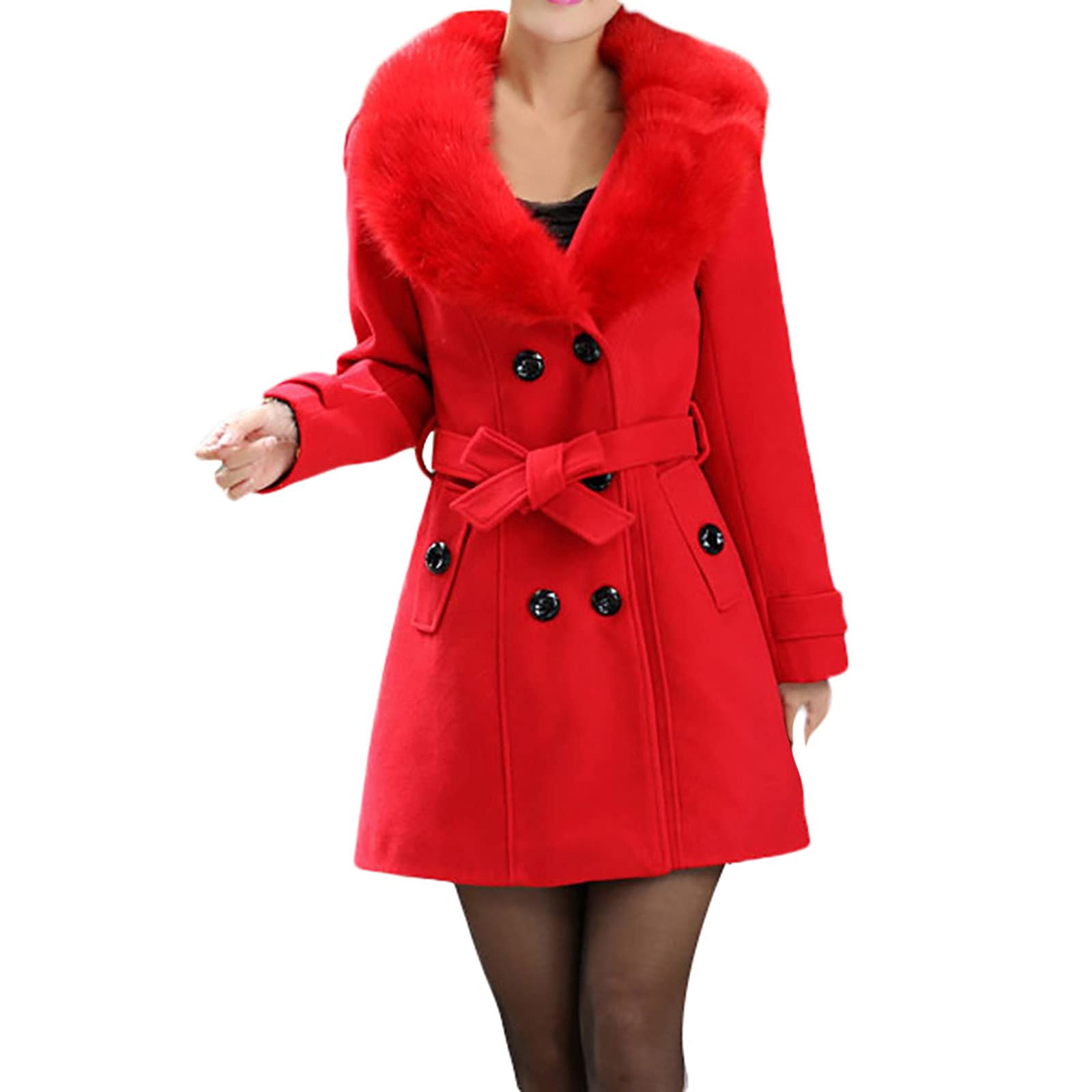 FUPODD Wintermantel Damen Lang Elegant Damen-Mäntel Winter Fellkragen Warm Wollmantel Zweireihig Winterjacke Mittellang Wolle Mantel Mit Gürtel Trenchcoat Frauen Pelzkragen Damenmantel Mit Taschen