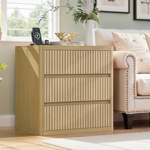 Fluted Nightstand Set of 2, Natural Oak Night Stand with 3 Drawers, Bedside Table with Storage, Mid Century Modern End Table Bedside Table Set, Curved Profile Handleless Design, 25” Wide - Image 2