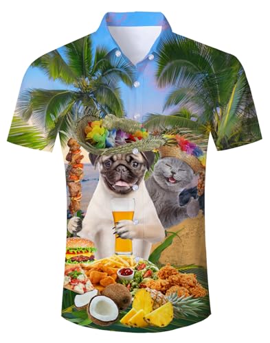 Katze Hawaiihemd Herren Funky Hawaii Hemd Button Down Pizza Hund Lustig Shirt Hemd Bunt Männer Kurzarm Aloha Sommerhemd Freizeithemd für Strandurlaub Blau M., 8.47 €