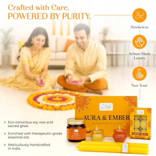 Image of D'Velas Aura & Ember Gift Box - Aromatherapy Candle, Scented Diyas, Cow Ghee Tealights & Colored Stick Candles | Luxury Holiday Hamper for Home Decor, Festive Celebration & Gifting