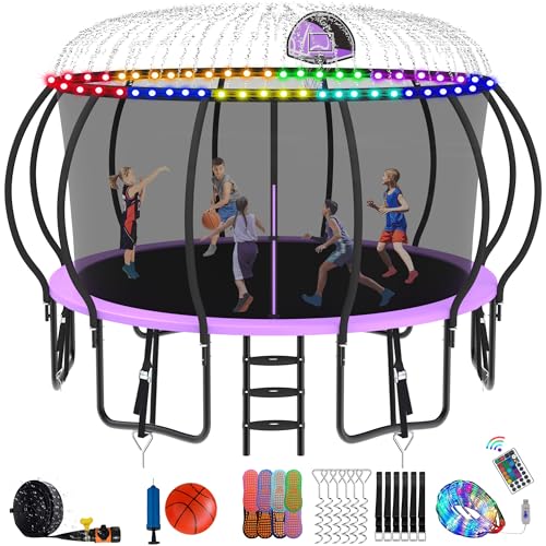 DeepRoar Tranpoline 8/10/12/14/15/16FT Pumpkin Tranpoline for Kids, Heavy Duty Outdoor Tranpolines with Basketball Hoop, Safety Enclosure Net, Light, Sprinkler, Socks, ASTM Approved