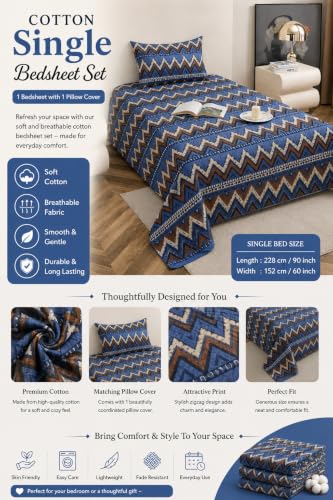 Image of IVAZA 220 TC Soft Ezyption Cotton Floral Single Bed Sheet - Single bedsheet with 1 Pillow Cover Hypoallergenic, Brethable, (Size- 90 x 60 Inch Grey Sky