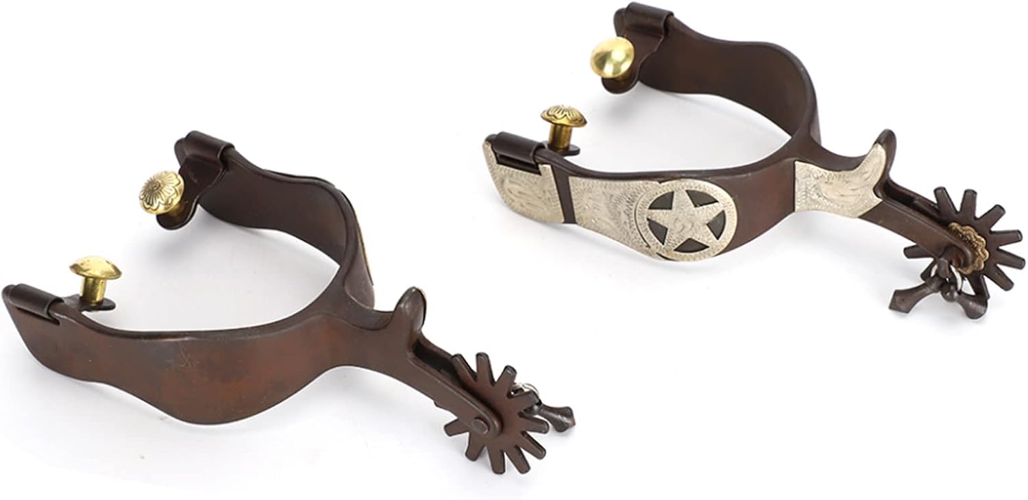 KUIDAMOS Horse Spurs 1Pair,Antique Brass Western Style Spur with Hand Carved Decoraation Silver Spurs for Boots Men and Women Antique Brown Boot Spurs for Cowboy Boots Equestrian Training