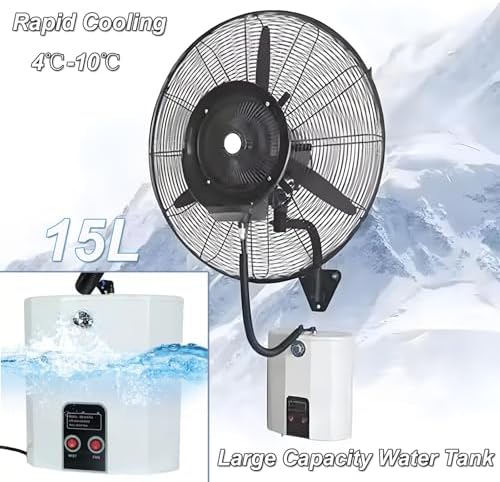 30-Inch Wall Mount Misting Fan with 15L Water Tank, High Velocity Outdoor Fan, 3-Speed Waterproof Patio Cooler for Shop, Garage, Greenhouse, Commercial Use