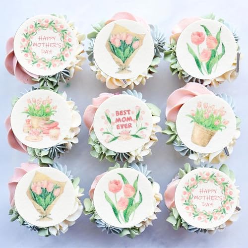 Gyufise 54Pcs Edible Happy Mother's Day Cupcake Toppers Wafer Paper Flower Best Mom Ever Cake Dessert Pick Decorations for Women Birthday Party Supplies Pink