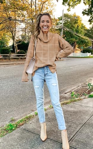 Image of ECOWISH Women Fall Pullover Sweater Turtleneck Plaid Long Sleeve Loose Casual Chunky Checked Knit Winter Sweaters Jumper Tops