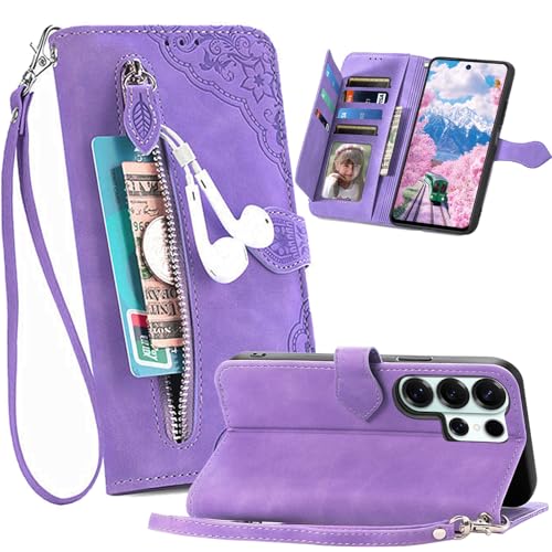 Fofvccv Custodia Portafoglio per Samsung Galaxy S26 Ultra con Motivo Fiori, Cover a Libro in Pelle PU conTasca Zip Porta Carte Cinturino da Polso Supporto Antiurto per Samsung S26 Ultra SZY Purple