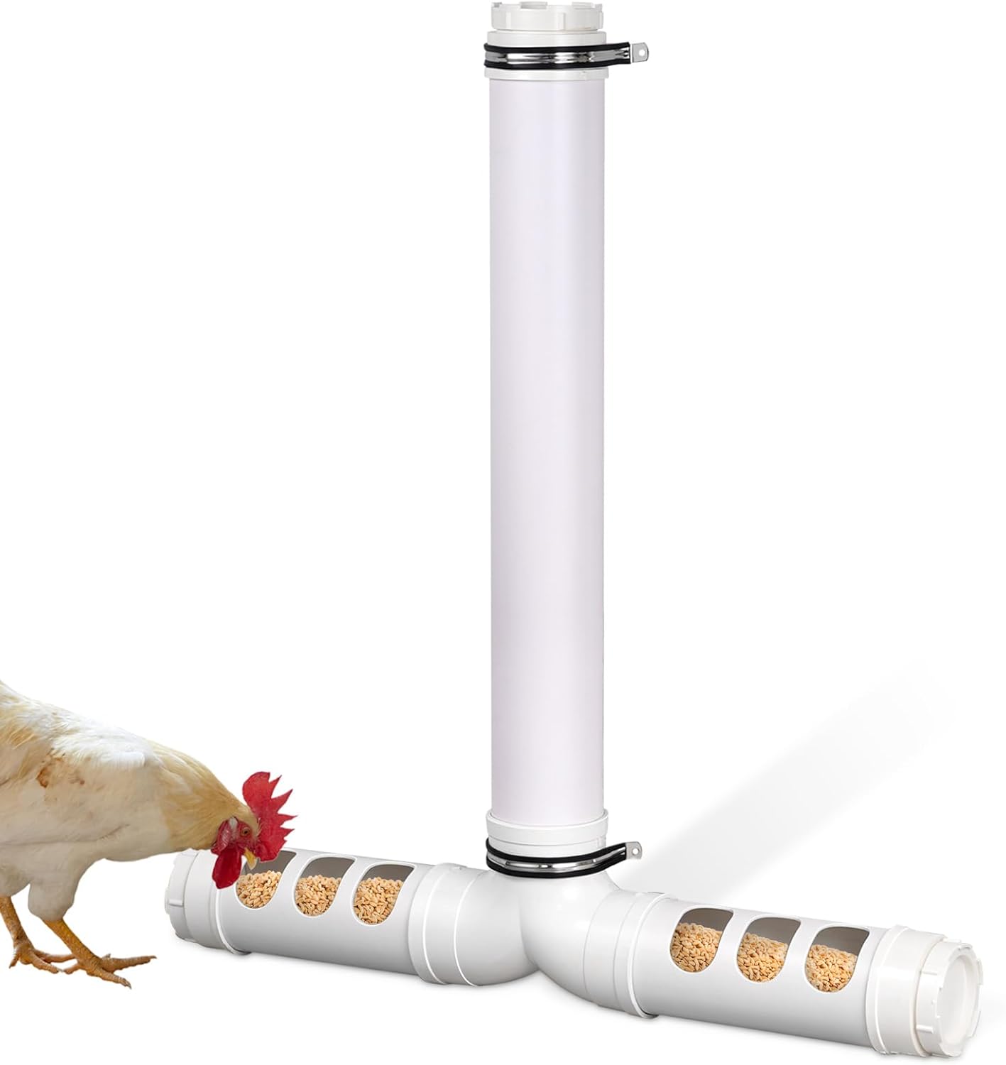 PVC Pipe Chicken Feeder No Waste Automatic Chicken Feeder Tube 12 Lbs Capacity, Wall Mounted Gravity Fed Poultry Feeder with 6 Feeding Holes for Chicken Coop