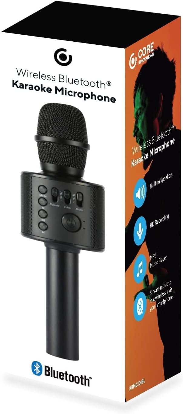 Core Innovations Wireless Bluetooth Karaoke Microphone with Built-in Speakers + HD Recording, Portable Handheld Mic | Black