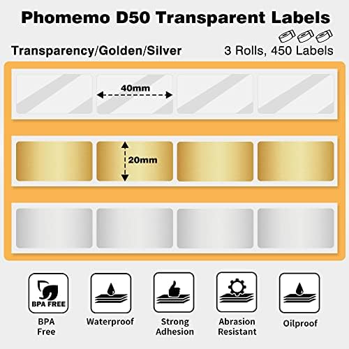 Phomemo D50 Transparent Labels, 3 Rolls of Self-Adhesive Thermal Labels, 20mm * 40mm, Compatible with Phomemo D50 Label Printer, 150 Labels /Roll, 3 Rolls in Total (Transparency, Golden, Silver)
