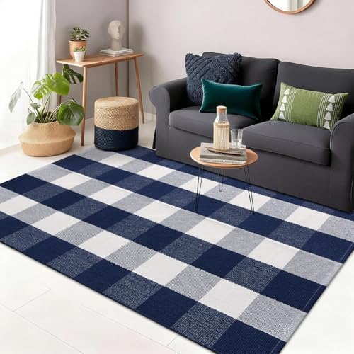 OLANLY Buffalo Plaid Rug 3' x 5' – Navy and White Cotton Checkered Doormat, Washable Indoor Outdoor Rug for Layered Front Porch, Kitchen, Entryway Decor