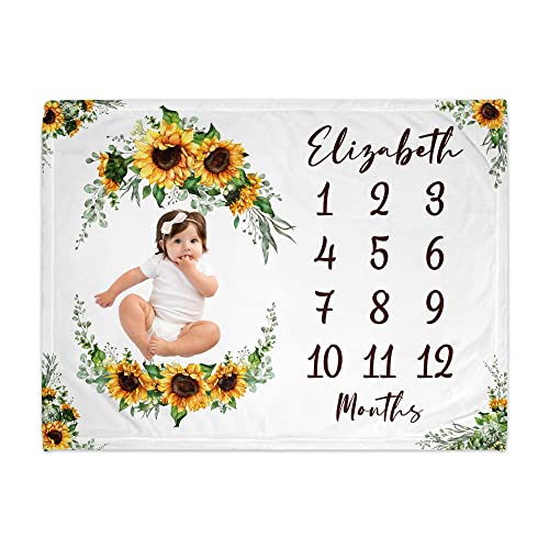 Girls Love A Monogram Personalized Sunflower Polyester Baby Blanket - Custom Baby Milestone …
