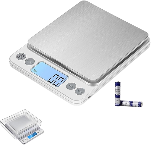 Balança Digital de Precisão para Cozinha, 0,1g a 2kg, Visor Iluminado, 6 Unidades de Medida, 2 Bandejas, Função Tara, Desligamento Automático Portátil com Pilhas Inclusas