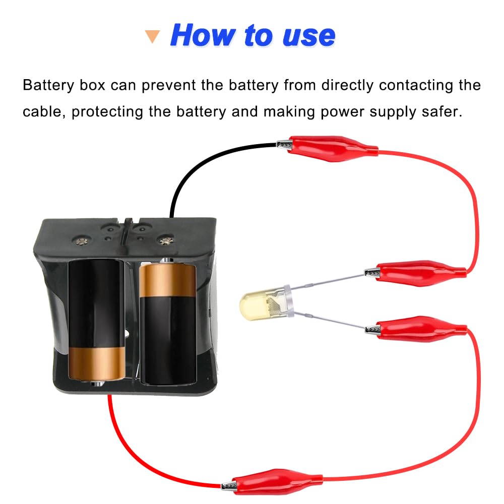 2 Slot D Cell Battery Holder with Two Wires, 70 x 70mm 3V D Size Battery Case Box with Wire Leads, with Aligator Clips (4 Pack)