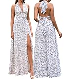 XinFSh Women's Halter V Neck Floral Wedding Guest Maxi Dress Sexy High Slit Bow Tie Beach Vacation Long Formal Dresses Bluefloral