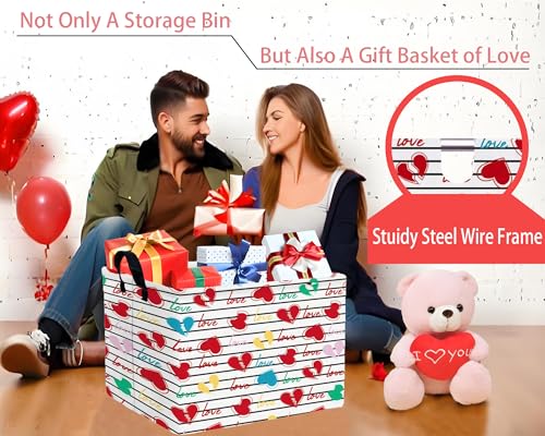 Image of Large Valentine's Day Basket Heart Shaped Storage Bin for Gifts Collapsible Organizer Room Decor (Black Cross Bar Love)