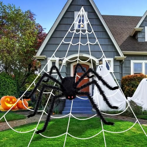 Boolavard Juego de 2 piezas de decoración de Halloween: telaraña triangular de 5 metros y arañas artificiales gigantes de 119,38 cm. Perfecto para fiestas en interiores, exteriores, jardín y casa
