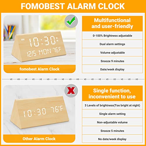 Fomobest Wooden Digital Alarm Clock, 0-100% Dimmer, Dual Alarm Settings, Weekday/Everyday Mode, 9 Mins Snooze, 12/24H, Temperature And Date Display, Modern Clock For Kids Bedroom Living Room #TOP6