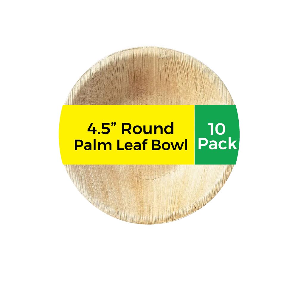Bhavee Premium 4.5" Round Areca Palm Leaf Bowl | 100% Natural, Biodegradable, Disposable | Strong & Sturdy, Microwave, Oven & Refridgerator Safe | Tableware for Any Occasion | Pack of 10