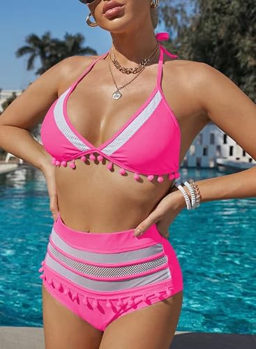 Dokotoo Bathing Suits For Women Beach Summer Solid High Waist Halter Padded Push Up Two Pieces Fashion Bikini Sets Swimsuit Swimwear With Mesh Swim Bottoms Rose Large #TOP2