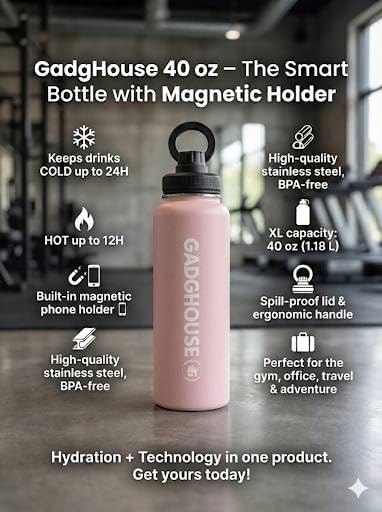 GadgHouse 40oz Stainless Steel Water Bottle with Magnetic Phone Holder – Leakproof, Insulated, BPA-Free, Keeps Hot 12H Cold 24H, for Gym, Office, Travel (BLUSH PINK) - Image 3