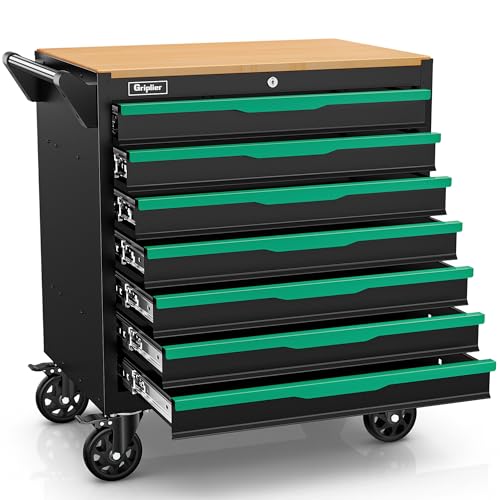 Griplier Werkstattwagen, 7 Schubladen,Bremsrad,Schwarz-Grün, Schwerlast Rollbar mit Holzarbeitsplatte,79.5 x 48 x 82cm,Belastung 300kg(7 Schubladen)