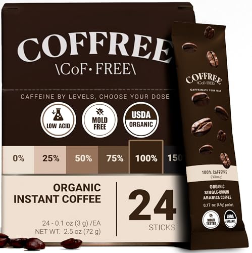 COFFREE Organic Instant Coffee Packets - 100% Caffeine, Low Acid, Mold Free Coffee Made with Medium Roast Arabica Coffee Beans - Smooth & Rich Taste - Hot or Cold Single Serve Packets 24 Pack Box