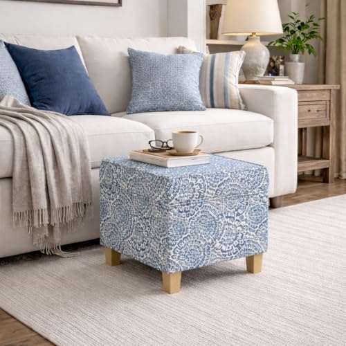 Image of HomePop 18 inch Classic Square Storage Ottoman - Blue & Cream Modern Floral