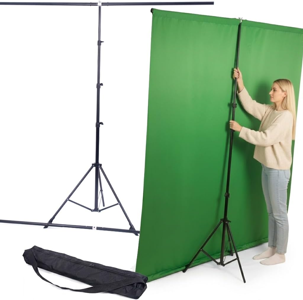 Green Screen Stand Kit 5x6.5ft Compact | Double Crossbar Backdrop Support System for Streaming Gaming Home Office | Wrinkle-Free Chromakey Background for Zoom YouTube Webcam | Portable Bag