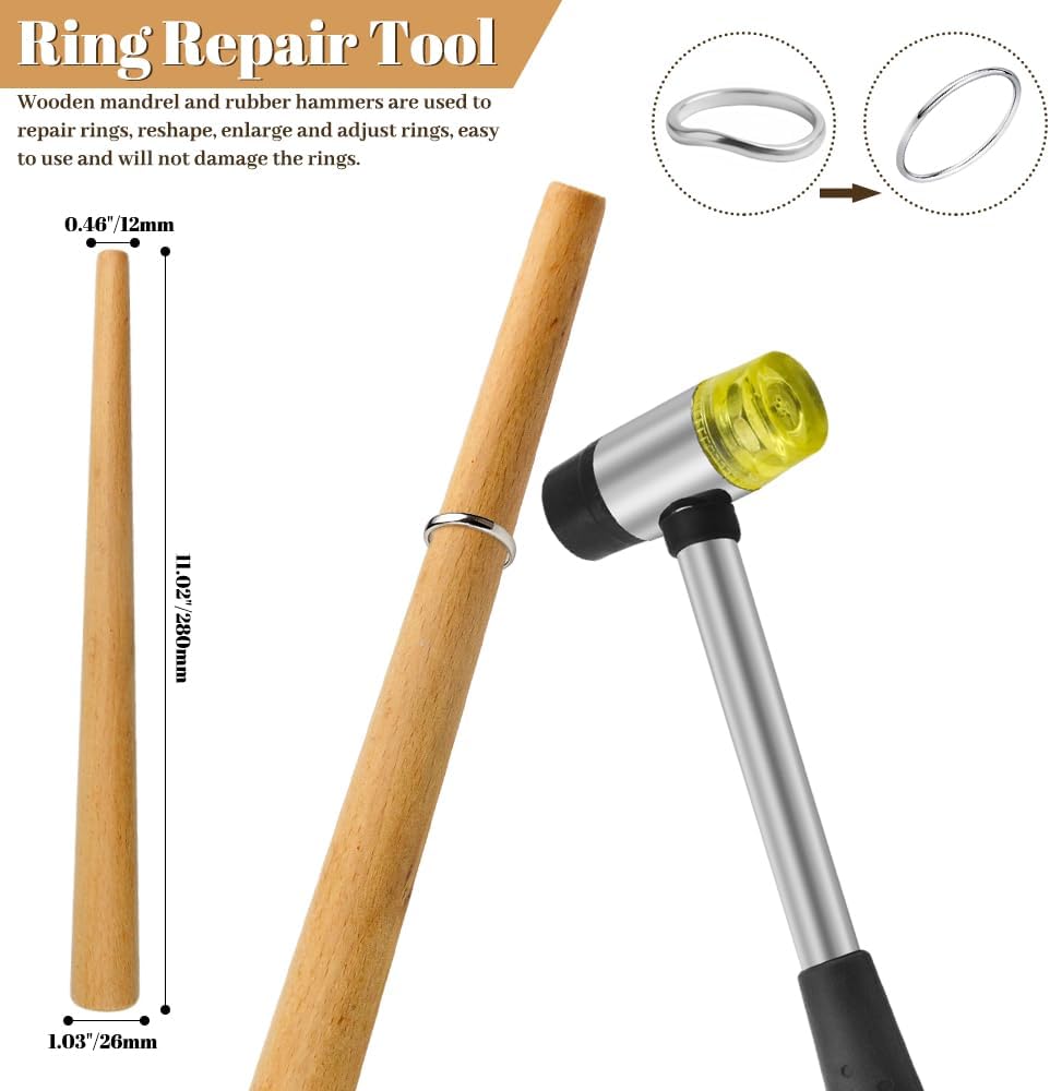 Bigstone Ring Sizer Measuring Tool Kit Metal Ring Mandrel Sizing Measurer Repair Set Rings Shaper Fixer Size Adjuster with Rubber Hammer, Finger Size Gauge and Polishing Cloth