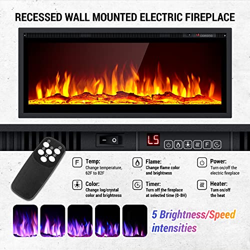 Euhomy Electric Fireplace, 50" Recessed And Wall Mounted Electric Fireplace, Linear Fireplace With 12 Color Flame 5 Flame Settings, Operating Buttons And Remote Control, Log Set And Crystal 750/1500W #TOP1