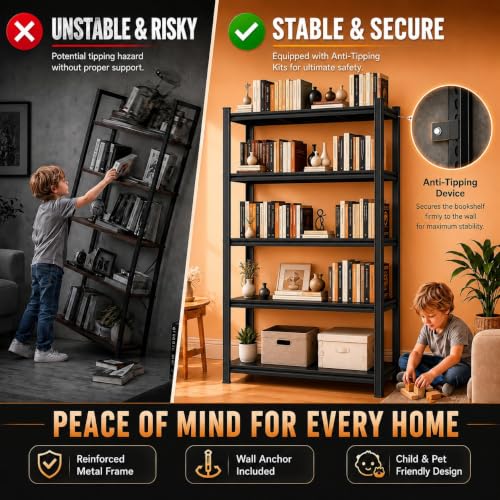 Image of Heavy Duty 5 Tier Bookshelf Black Metal Shelf, Industrial Book Case Storage Rack for Living Room Bedroom Office, Steel Shelving Unit Organizer for Books Kitchen Pantry , Free Standing Bookcase Shelf