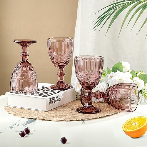 Joeyan Purple Vintage Wine Glasses,Clear Water Goblet Glasses,Stemmed Drinking Glasses with Embossed Pattern,Colored Glassware Set for Wedding Party Banquet Feast,10 oz,Set of 4,Dishwasher Safe by Joeyan - Used condition - Image 8