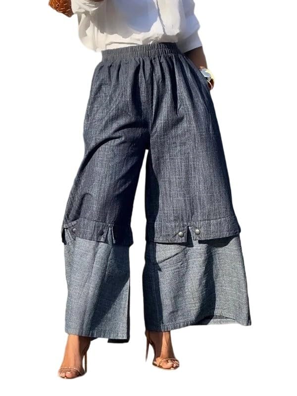 oshoplive Wide Leg Pants for Women Cotton Elastic High Waisted Patchwork Palazzo Trousers with Pockets Loose Fit Baggy Pant