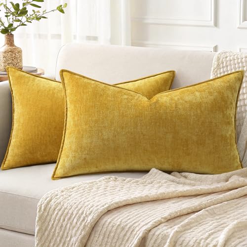decorUhome Fall Couch Throw Pillow Covers 12x20 Set of 2, Decorative Soft Euro Neutral Chenille Lumbar Pillow Covers with Elegant Design for Sofa Bed Living Room Home Decor, Mineral Yellow