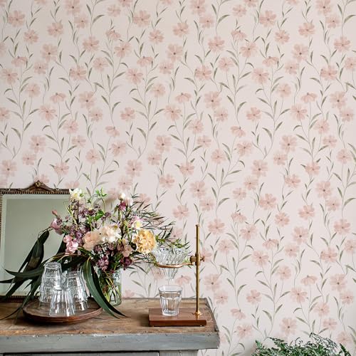 Pink Floral Wallpaper Peel and Stick, Vintage Wildflower Contact Papper