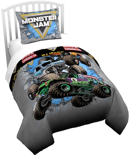 Jay Franco Duvet Cover Set – 2 Piece Comforter Cover and Sham Set, Super Soft Cozy Kids Bedding (Insert Not Included) Grey - Monster Jam, Twin