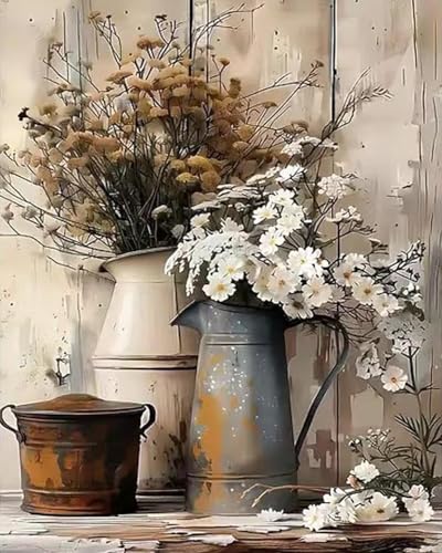 MBNTJHT Flowers Paint by Numbers Kit for Adults Beginners,Floral in Tin Cans Paint by Number Kits for Adults,Unframed Watercolor Painting Art Crafts for Home Wall Decor 16X20 Inch.