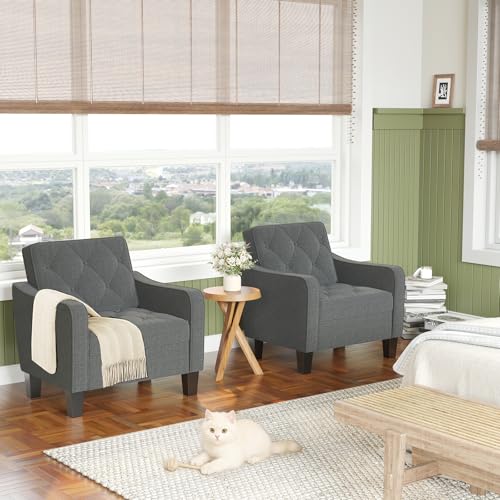 Image of STHOUYN Grey Accent Chairs, Wide Comfy Arm Chairs for Living Room, Office | STHOUYN Tufted Club Chair, Reading Chairs for Bedroom, Waiting Area Seating, Small Space Office Chairs, Supportive Wide Seat