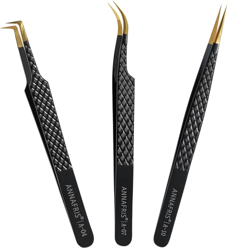 Kit com 3 pinças ANNAFRIS para extensão de cílios com ponta de microfibra, modelo Tweezers-A04+07+10, com estojo